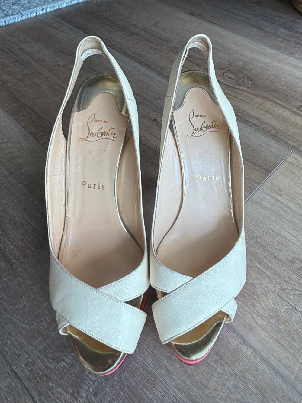 Christian Louboutin Leather Slingback Peep Toe Heels Tan Pink Red Sole size 38.5